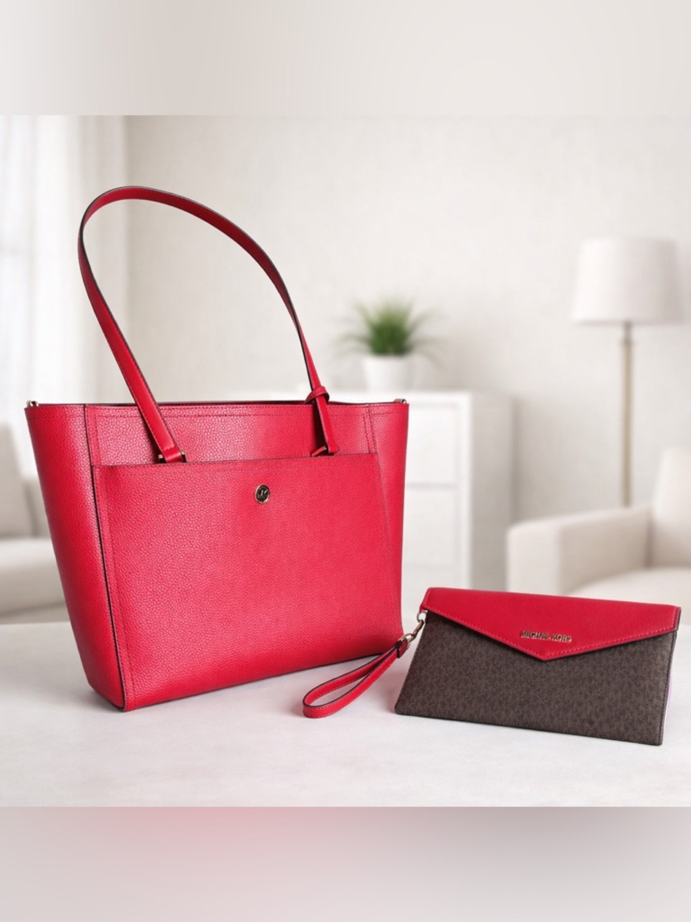 Michael Kors 3PC Red Leather Tote Set w Pouch & Wristlet Bag